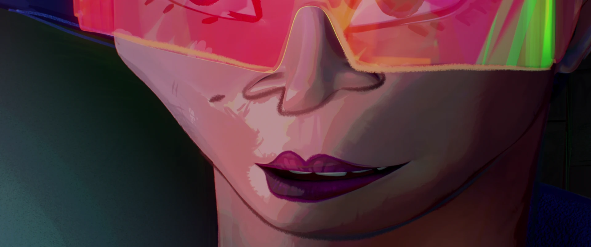 Extreme close-up of Cynthia Utrom’s face, tinted visor glasses glowing red and orange as she smirks with dark lips.