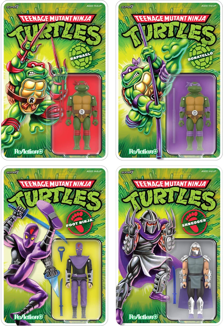 Super7 ReAction+ Wave 01: Donatello, Raphael, Shredder and a Foot Ninja on their carded backs.