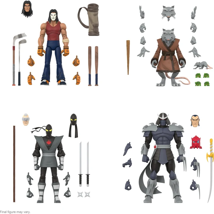Super7 ULTIMATES! Wave 13: Splinter, Casey Jones, Shredder and a Foot Ninja with their accessories.