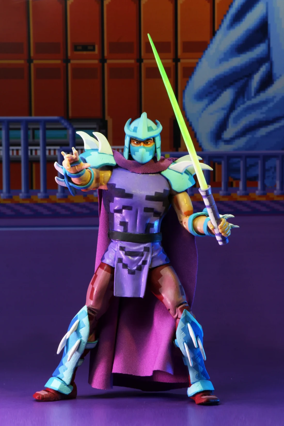 NECA's Turtles in Time Super Shredder, in pixel patterned purple and teal armour with a glowing green blade, posed against the arcade game's stage backdrop.