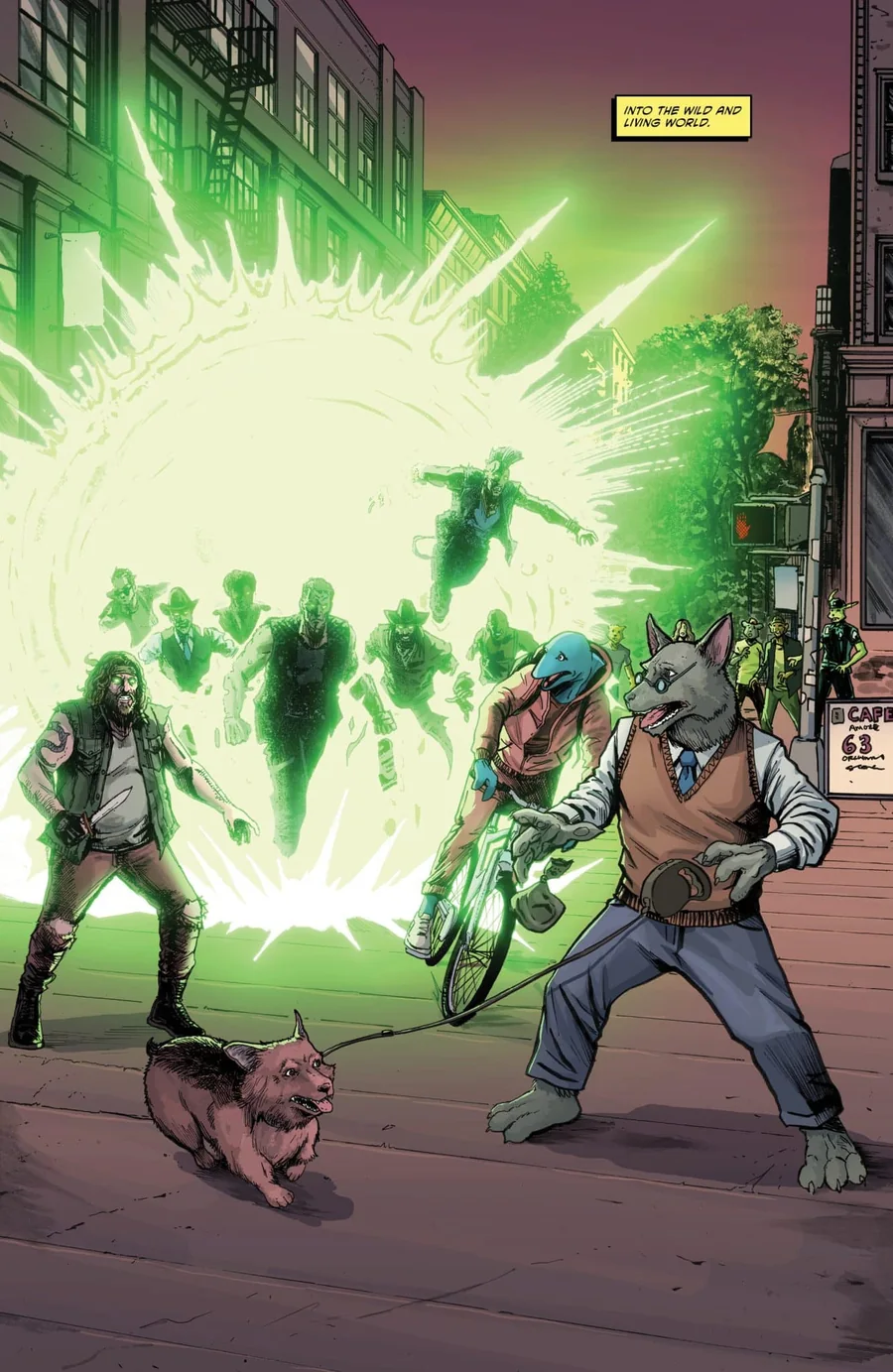 Hun and the risen Purple Dragons step out of a green portal into Mutant Town, past a wolf in a sweater vest walking a small dog.