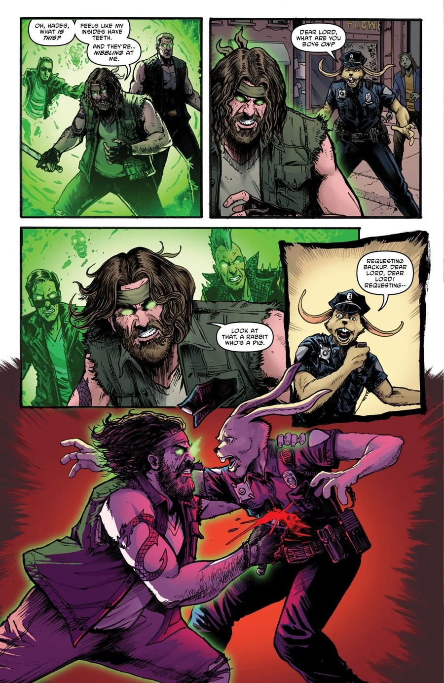 A risen Purple Dragon says his insides have teeth, then kills a mutant rabbit police officer in the street.