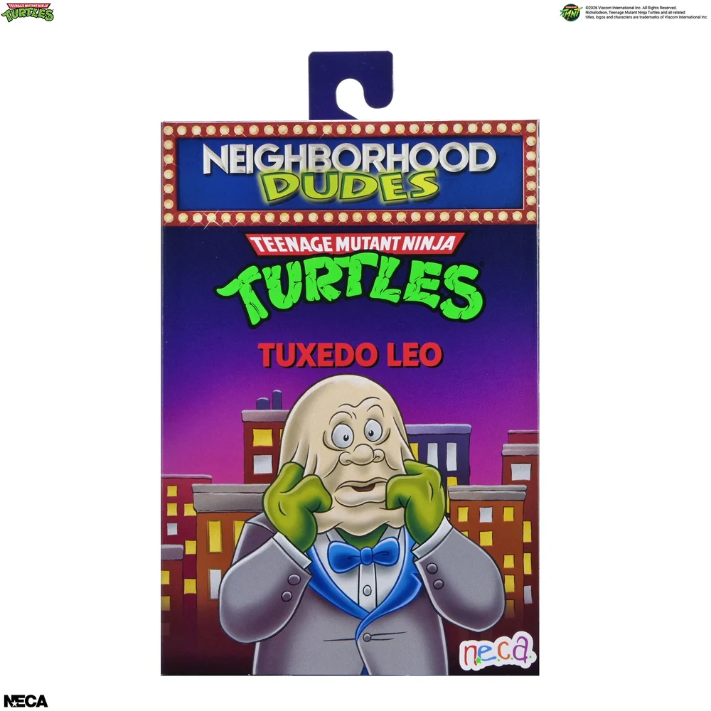 The Tuxedo Leo box front, with a marquee NEIGHBORHOOD DUDES logo over a city skyline and cartoon art of the tuxedo pulling off a human face.