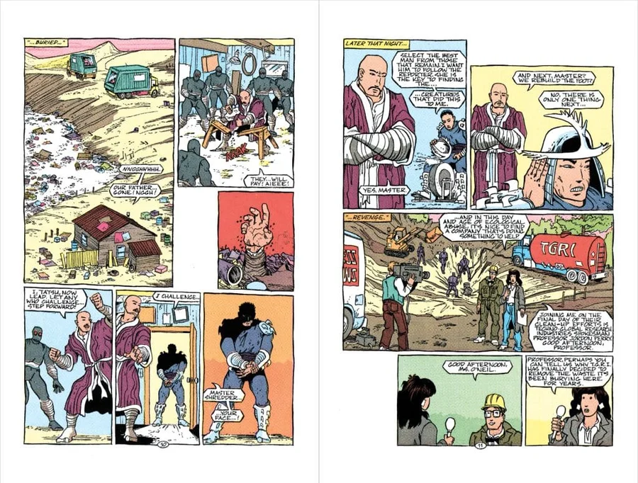 Two pages from the Archie adaptation: the Foot pull Shredder from the dump, Tatsu challenges him, and April O'Neil interviews Professor Jordan Perry beside a TGRI tanker truck at the clean-up site.