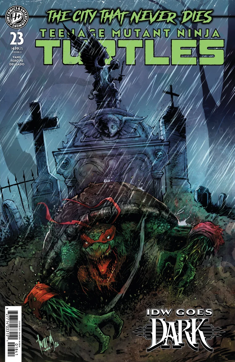 Cover E of Teenage Mutant Ninja Turtles 23 by Damien Worm: an undead Raphael, mask torn, claws himself up out of a muddy grave in the rain, with the IDW Goes Dark logo in the lower right corner.