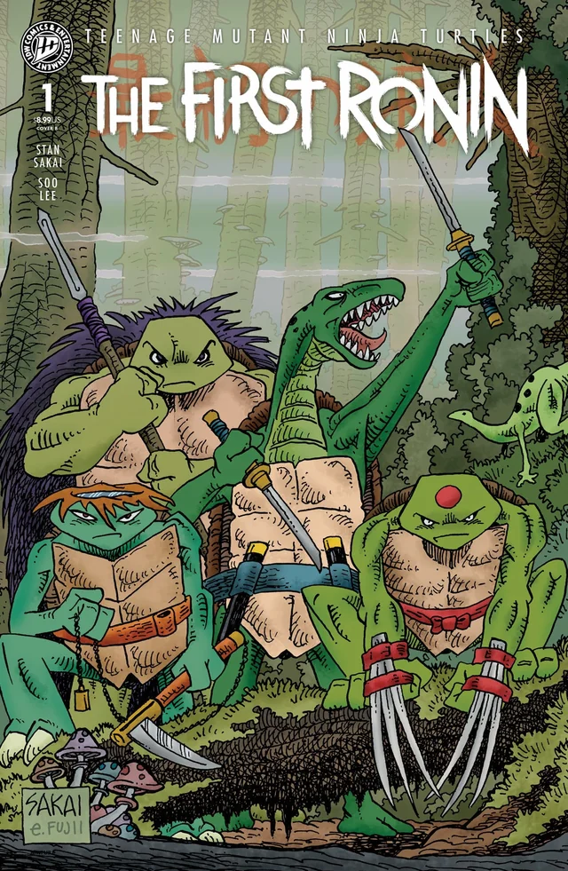 Cover B of TMNT: The First Ronin number 1, drawn by Stan Sakai and Emi Fujii. Four turtle-like figures stand in a bamboo forest, one with a staff and spiked purple hair, one with orange hair reading a scroll, one at the centre with its mouth open and a sword raised, and one with a red dot on its forehead holding three-pronged claws. The logo reads Teenage Mutant Ninja Turtles: The First Ronin.