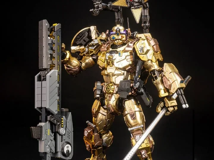 The Heatboys HB0093 Donatello Golden Edition figure on a black background: a gold and bronze armoured mech with a purple visor, a shield on its back and an oversized grey weapon standing beside it.