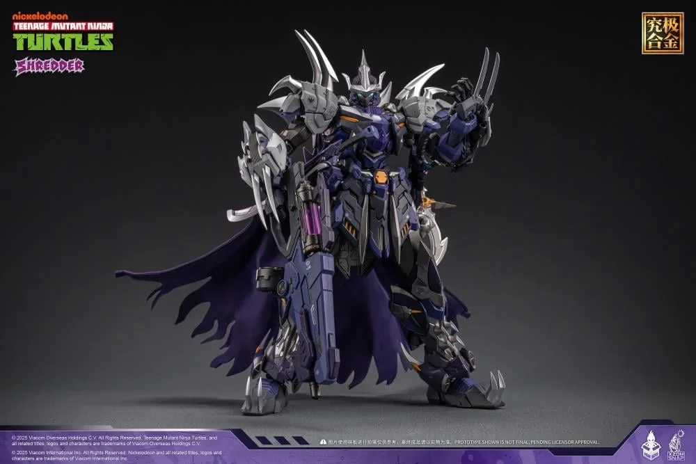Promotional art for the Heatboys HB0016 Shredder figure: a purple and silver armoured mecha Shredder with bladed gauntlets and a tattered purple cape, standing against a dark grey background under the Nickelodeon Teenage Mutant Ninja Turtles logo.