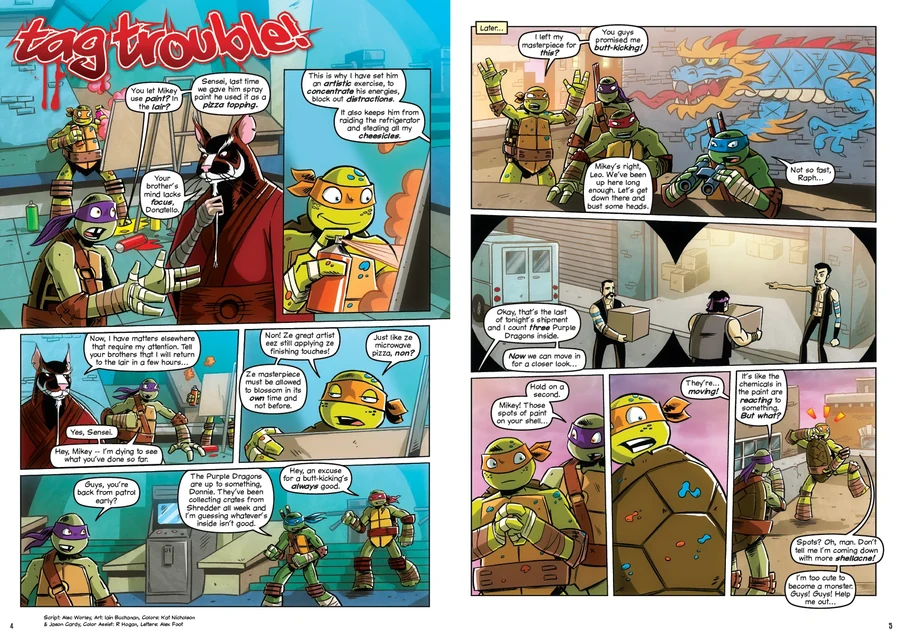Pages four and five of "Tag Trouble!" from Booyakasha Books Vol. 2: Donatello objects while Splinter hands Michelangelo a spray can in the lair, then the Turtles watch Purple Dragons unload crates below a graffiti dragon, and Mikey notices paint spots moving on his own shell.