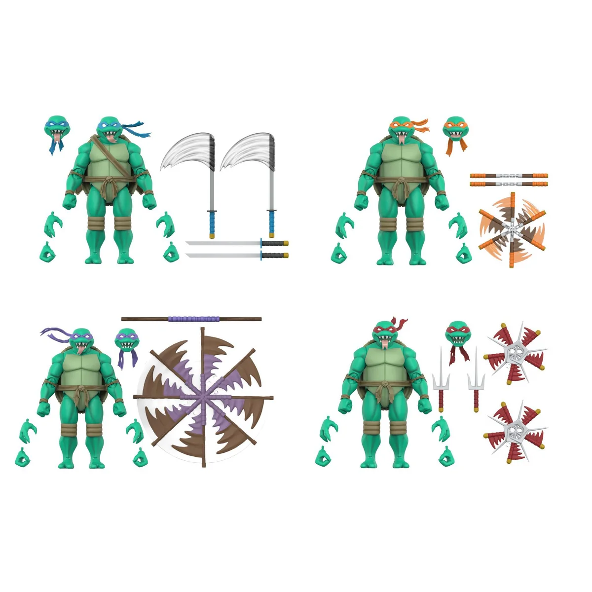 The four Wave 16 figures laid out on white with their accessories. Leonardo with four katana, two of them moulded with white slashing arcs; Michelangelo with nunchucks and a spinning effect piece; Donatello with a bo staff and one spinning bo effect; Raphael with two sai and two spinning sai. Each figure has a second head and four spare hands beside it.