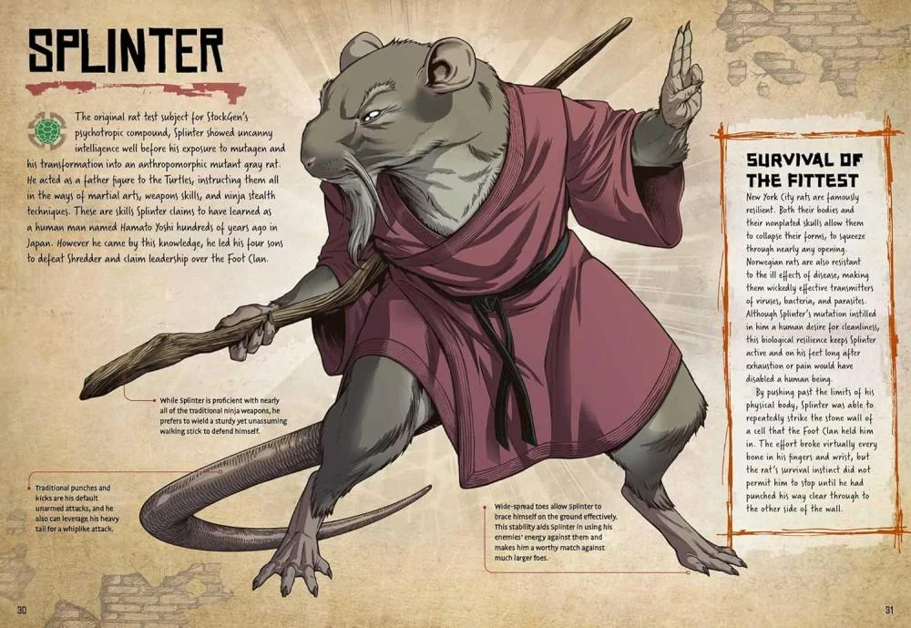 Two page spread on Splinter from Anatomy of a Mutant, with a large annotated figure of Splinter in a red robe holding a walking stick, call-outs on his tail and toes, and a Survival of the Fittest sidebar