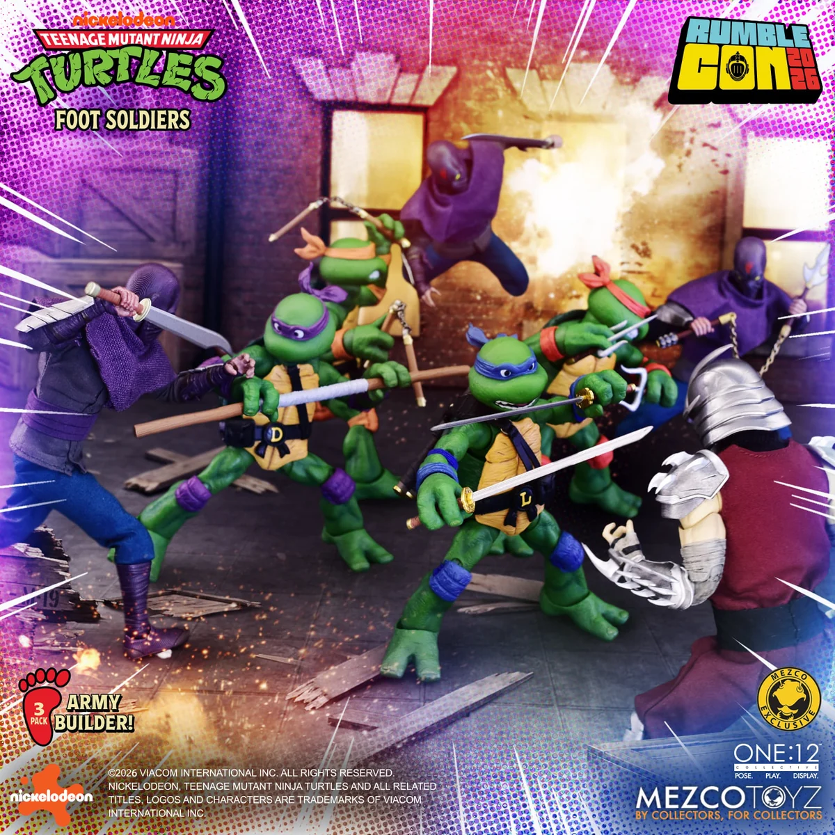 Three Foot Soldiers fighting all four Turtles and Shredder in Mezco's promotional art