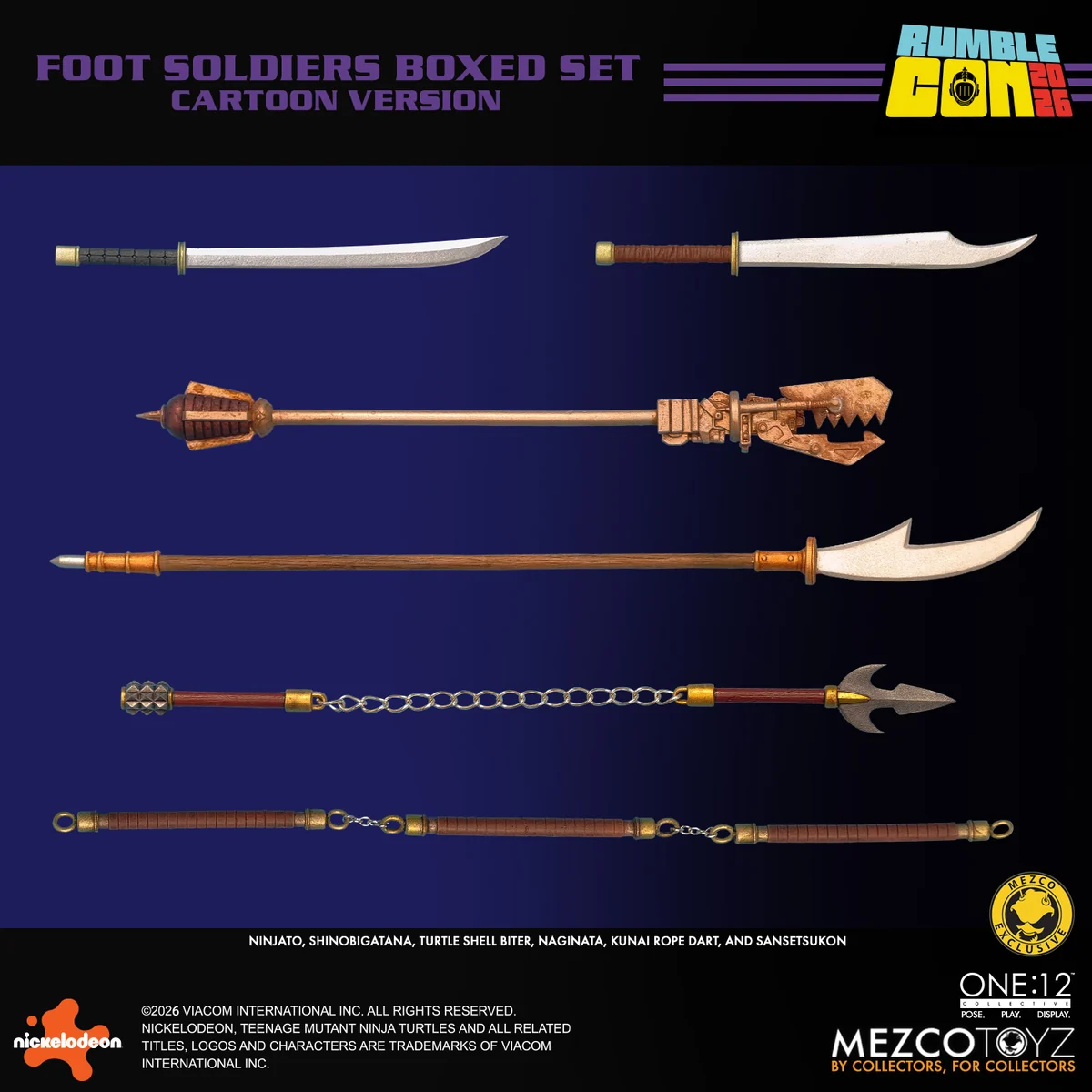 The six pole and blade weapons laid out on Mezco's own parts card, captioned ninjato, shinobigatana, turtle shell biter, naginata, kunai rope dart and sansetsukon