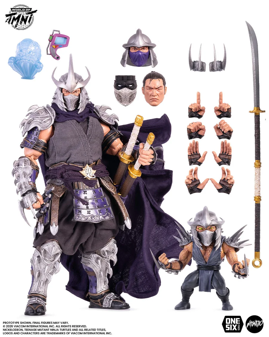 The Mondo 1/6 scale Shredder figure surrounded by its accessories on a white background: a blue Krang hologram, a purple Krang communicator, a spare helmeted portrait, a dark masked portrait, an unmasked Oroku Saki head, gauntlet blade attachments, eight swappable hands, a katana, and a small stylised Shredder figure
