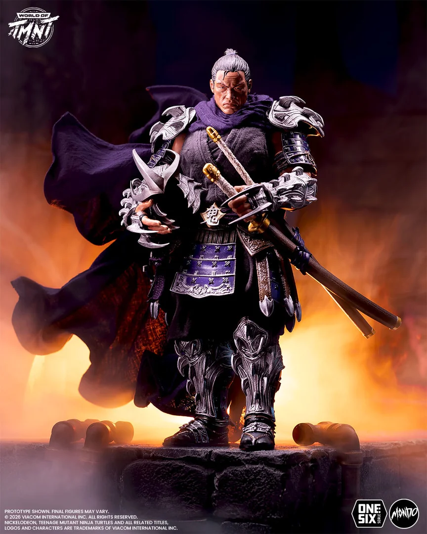 The Mondo Shredder figure displayed with the unmasked Oroku Saki portrait, a grey haired head with a topknot and a scarred face, wearing full silver armour and a purple cape