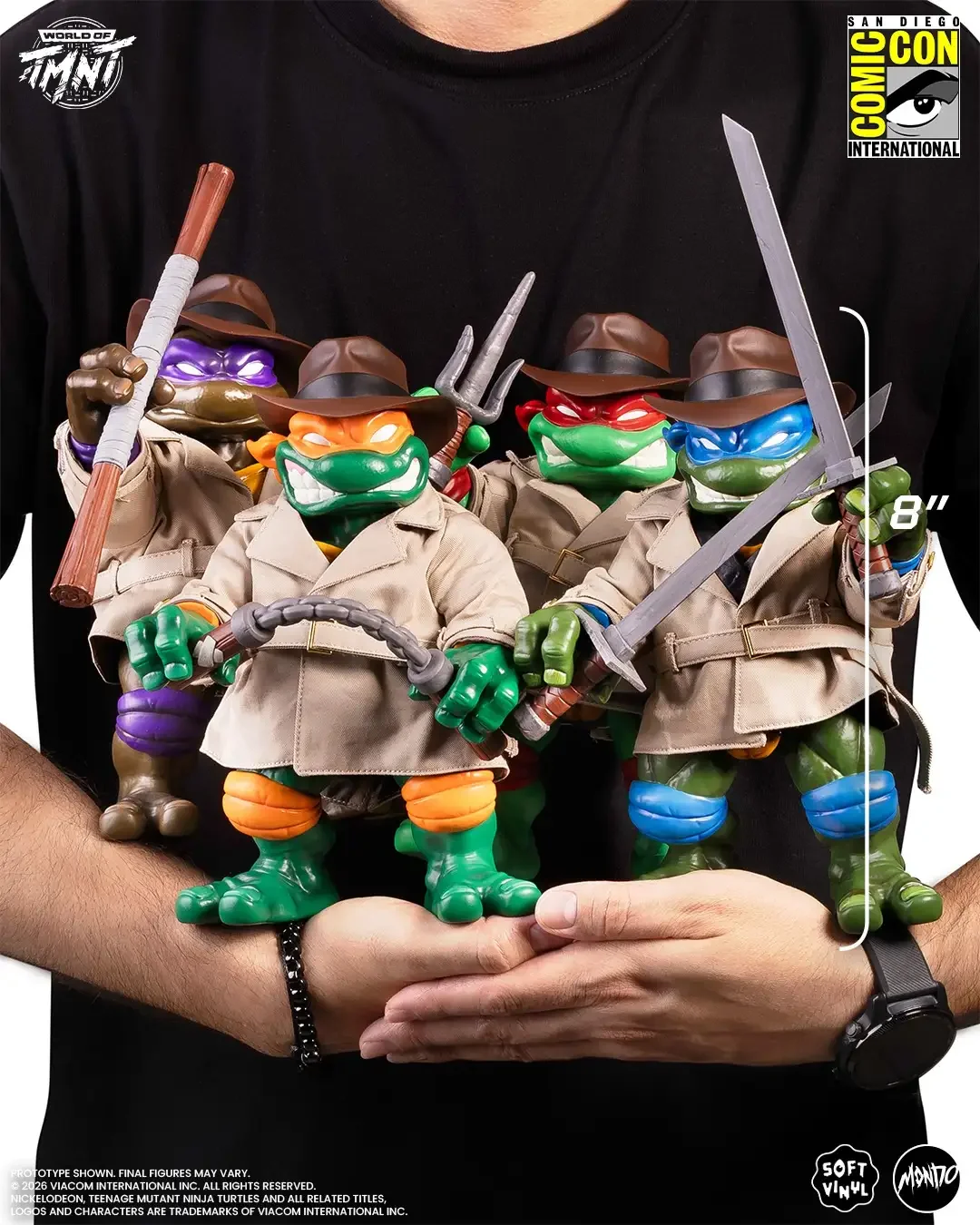 Mondo Teenage Mutant Ninja Turtles Undercover Turtles Soft Vinyl SDCC 2026 exclusive 4-Pack, all four Turtles in trench coats and fedoras