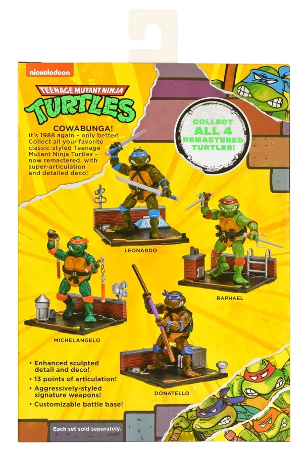 The back of the 1988 Remastered packaging, showing Leonardo, Raphael, Michelangelo and Donatello on their four connected rooftop battle bases