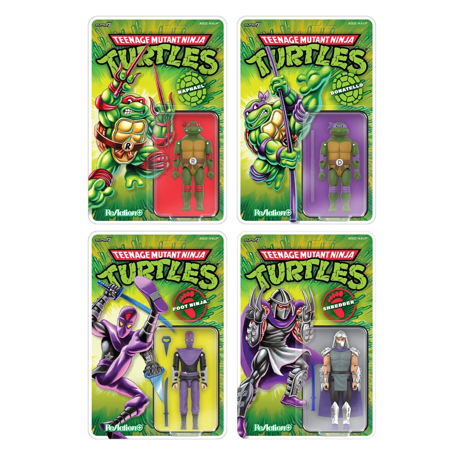 All four Super7 ReAction+ Wave 01 figures on card: Raphael in a red tray, Donatello in purple, the Foot Ninja in yellow and Shredder in grey, each with painted 1987 style character art filling the card