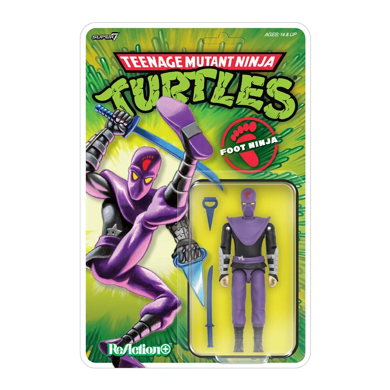 The Super7 ReAction+ Foot Ninja on card, showing a purple and black figure in a yellow blister tray with a katana and a punch dagger, against 1987 style Foot Clan card art