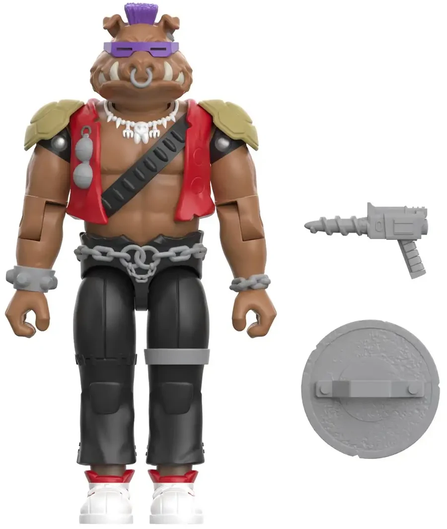 The Super7 ReAction+ Bebop figure loose, a brown mutant warthog in a red vest with a purple mohawk and purple sunglasses, a chain belt and white high tops, shown beside a grey drill and a round grey lid
