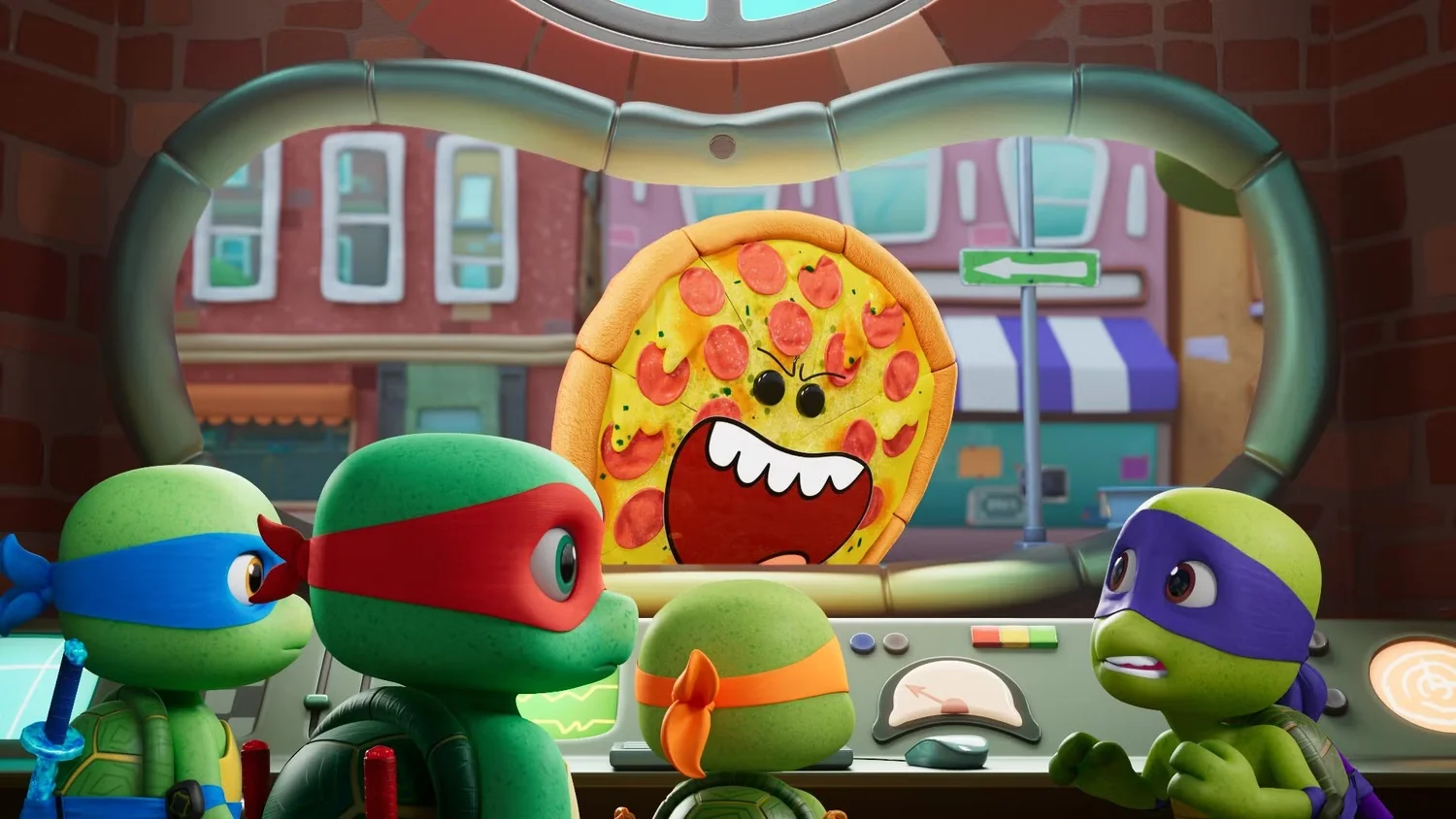 The four Teeny Mutant Ninja Turtles face a giant sentient pizza inside the sewer lair in a still from the new series.