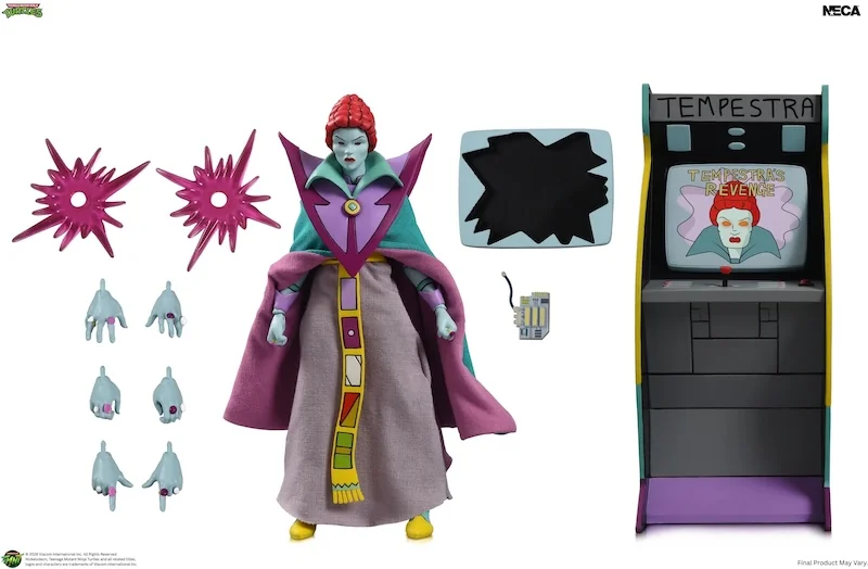 NECA's Ultimate Cartoon Tempestra figure shown with its full accessory loadout: interchangeable hands, two magenta blast effects, a microchip, a swappable arcade screen, and the Tempestra's Revenge arcade cabinet.