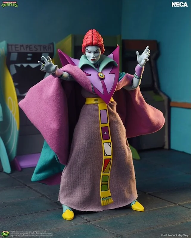 NECA's Ultimate Cartoon Tempestra figure posed in front of an arcade backdrop, wearing her soft-goods dress and cape.