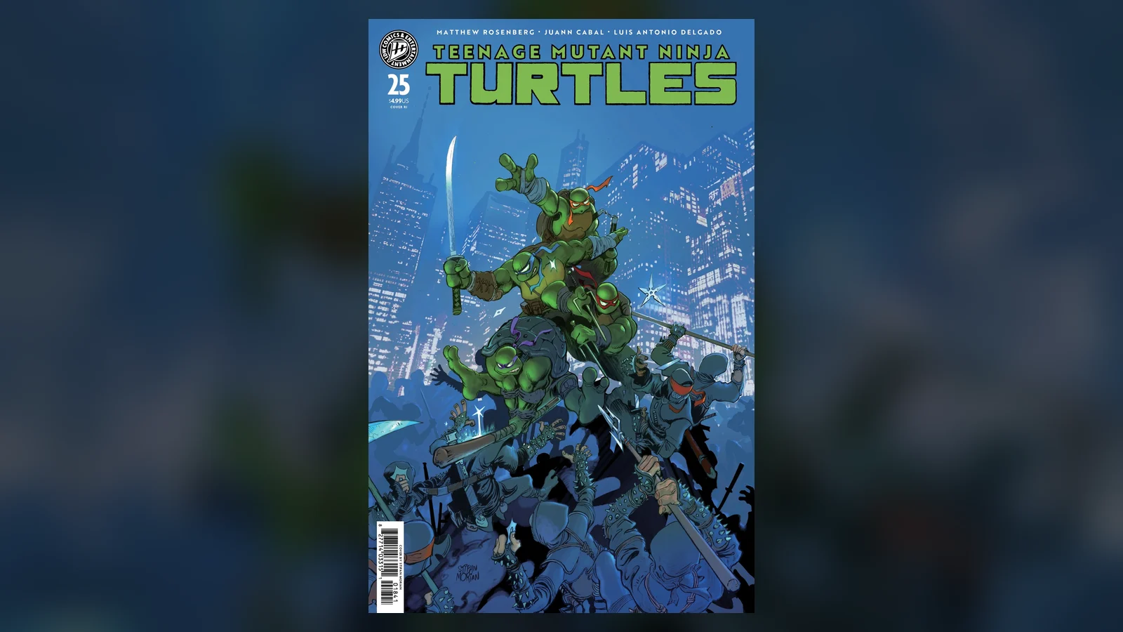 Variant cover for Teenage Mutant Ninja Turtles #25, with all four Turtles mid-leap over a crowd of masked Foot Soldiers against a blue-toned New York skyline. Credits across the top read Matthew Rosenberg, Juann Cabal, Luis Antonio Delgado.
