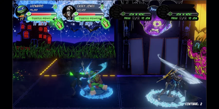 Two player co-op in Wrath of the Mutants Ninja Edition, with the top of the screen showing LEONARDO as player one on 94,250 points and CASEY JONES as player two on 102,400 points, both fighting Foot Ninja on a neon lit street