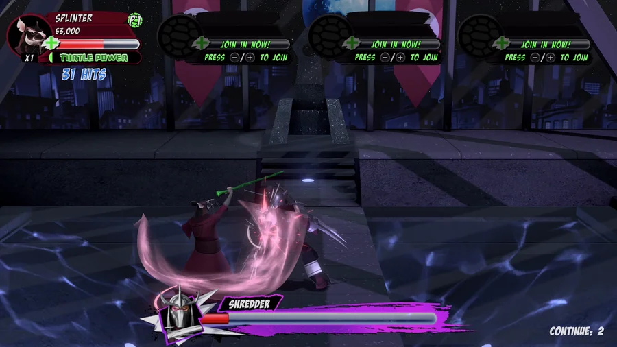 Master Splinter in Teenage Mutant Ninja Turtles Arcade: Wrath of the Mutants - Ninja Edition, health bar reading SPLINTER and 63,000 points with a 31 hit combo counter, fighting Shredder on a rooftop while Shredder's pink boss health bar sits along the bottom of the screen