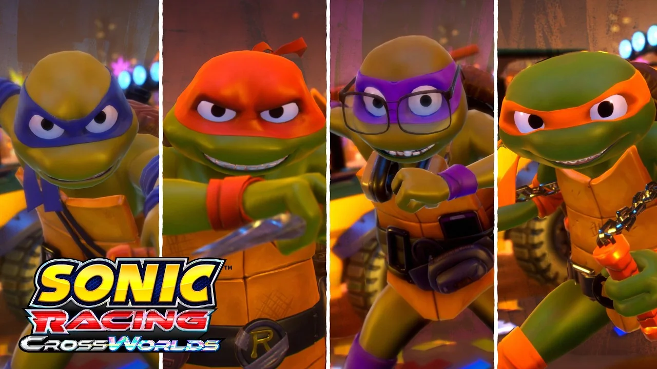 Leonardo, Raphael, Donatello and Michelangelo in the Sonic Racing: CrossWorlds Teenage Mutant Ninja Turtles Pack launch trailer key art