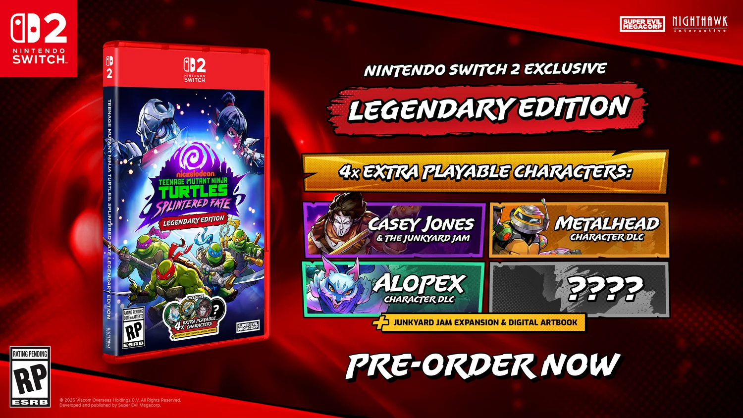 Official announcement art for the Nintendo Switch 2 Legendary Edition of Teenage Mutant Ninja Turtles: Splintered Fate, showing the boxed release alongside the four extra playable character slots for Casey Jones, Metalhead, Alopex and one unrevealed character.